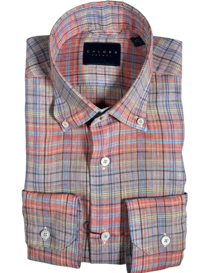 CALDER CARMEL MEN'S LINEN SHIRT - PAPAYA MADRAS PLAID