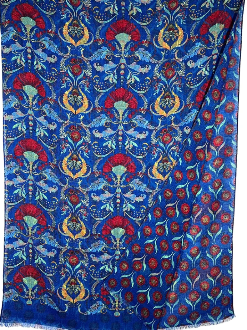 CALABRESE 1924 DOUBLE SIDED WOOL SCARF - BLUE FLORAL ACANTHUS