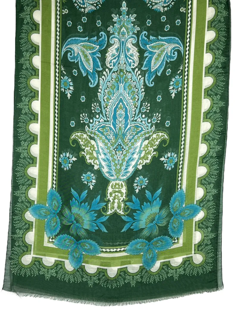 CALABRESE 1924 LINEN/SILK SCARF - GREEN FRAMED FLORAL
