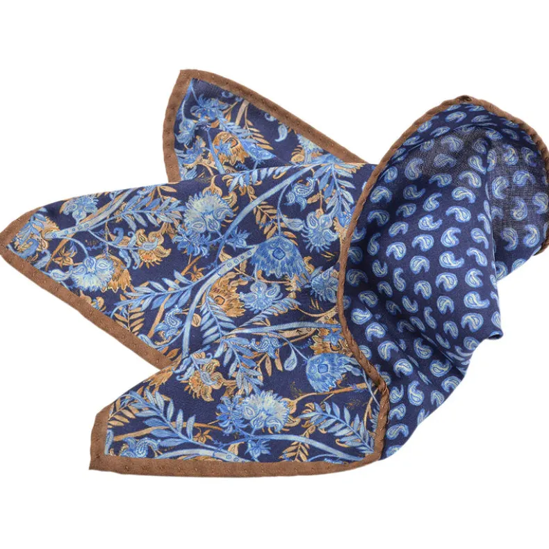 DION SILK DOUBLE-SIDED POCKET SQUARE - NAVY FLORAL PAISLEY TEARDROP