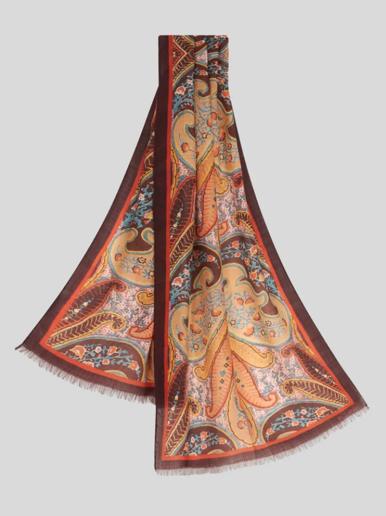 ETRO CASHMERE/SILK LEAF SCARF - BURNT ORANGE