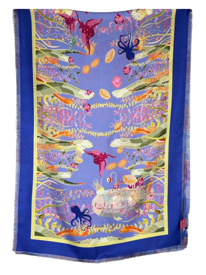 FRANCO FERRARI DOUBLE SIDED SILK SCARF - BLUE FLORAL/UNDERSEA